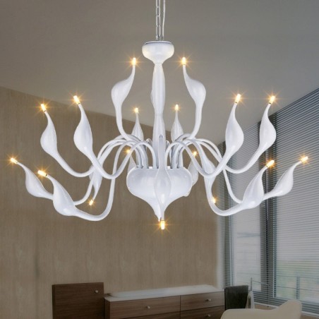 Lustre moderne en acier inoxydable à 18 lumières en forme de cygne, luminaire G4, finition blanche Lustre moderne en acier inoxydable à 18 lumières en forme de cygne, luminaire G4, finition blanche