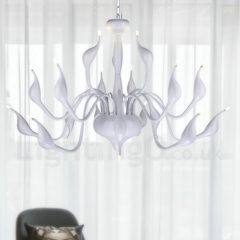 Lustre moderne en acier inoxydable à 18 lumières en forme de cygne, luminaire G4, finition blanche