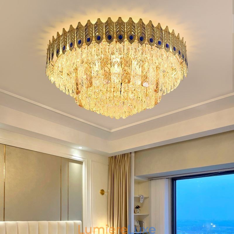 Plafonnier décoratif de luxe en cristal, rond et galvanisé, en forme de queue de phénix, doré