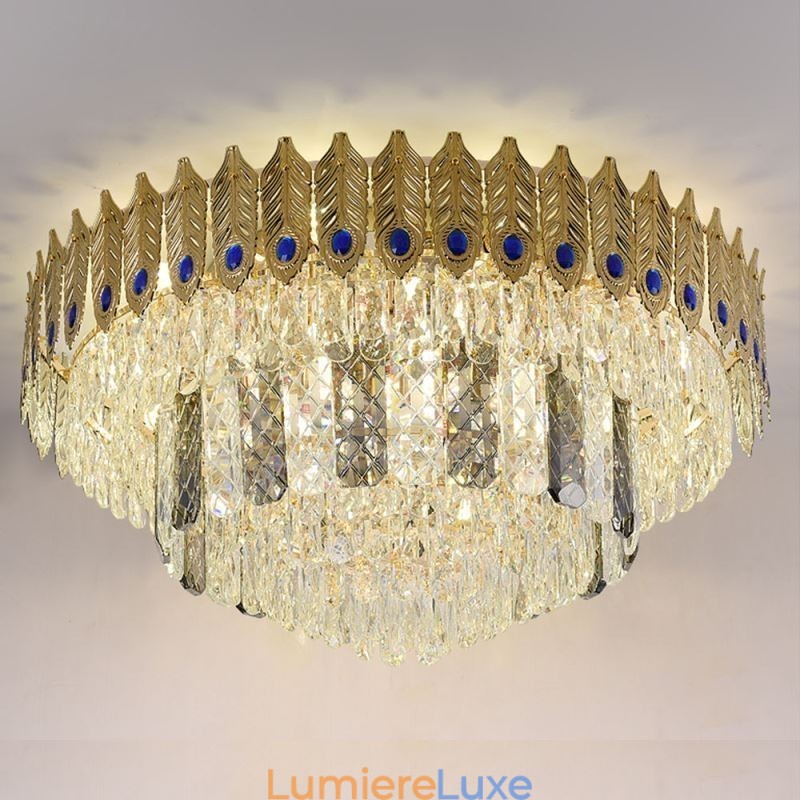 Plafonnier décoratif de luxe en cristal, rond et galvanisé, en forme de queue de phénix, doré