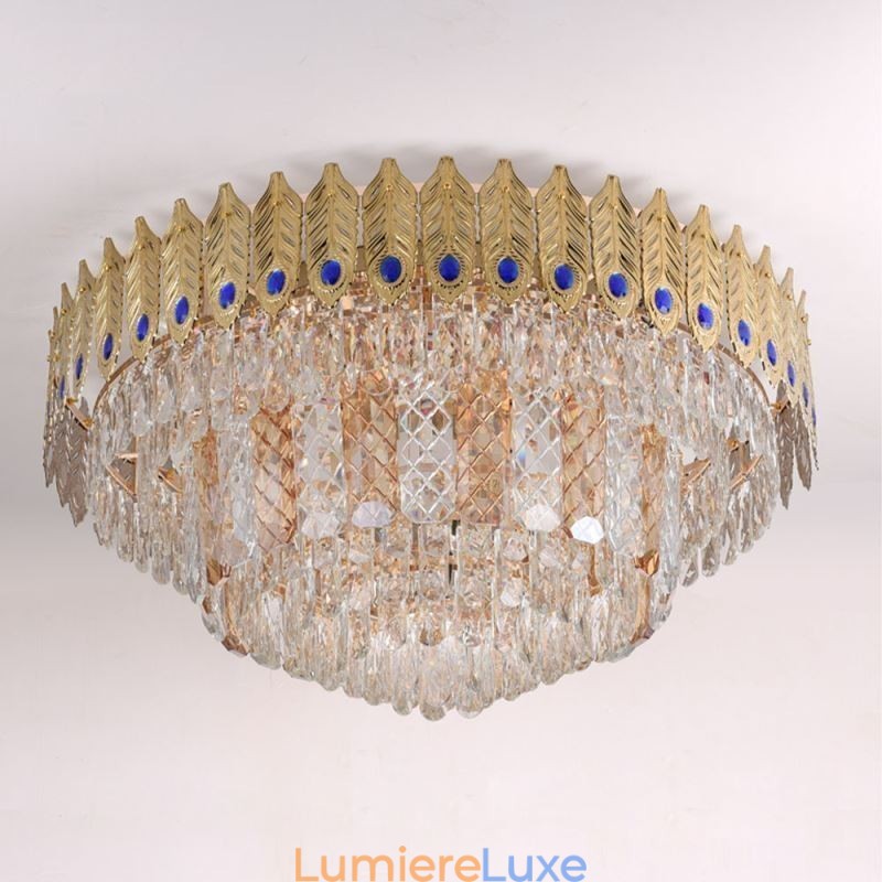 Plafonnier décoratif de luxe en cristal, rond et galvanisé, en forme de queue de phénix, doré