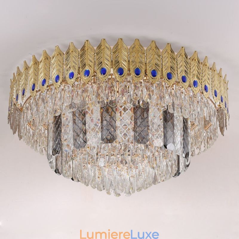 Plafonnier décoratif de luxe en cristal, rond et galvanisé, en forme de queue de phénix, doré