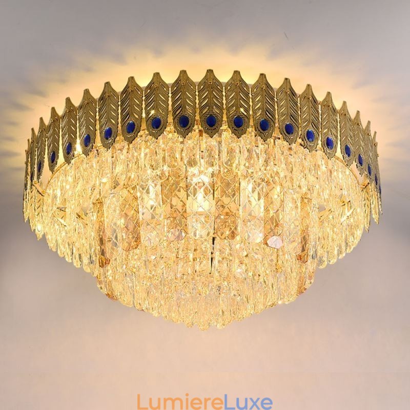 Plafonnier décoratif de luxe en cristal, rond et galvanisé, en forme de queue de phénix, doré
