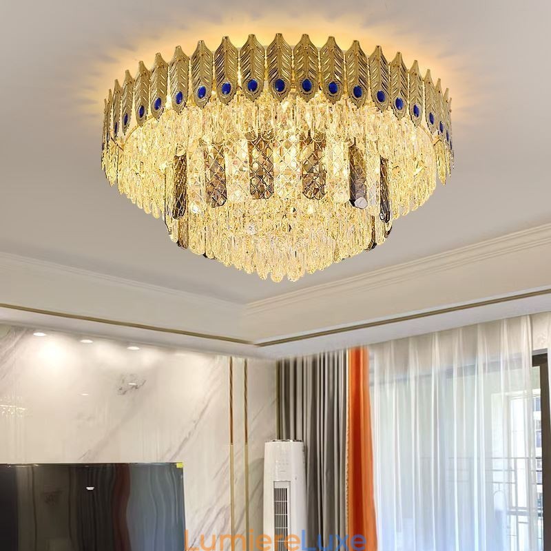 Plafonnier décoratif de luxe en cristal, rond et galvanisé, en forme de queue de phénix, doré