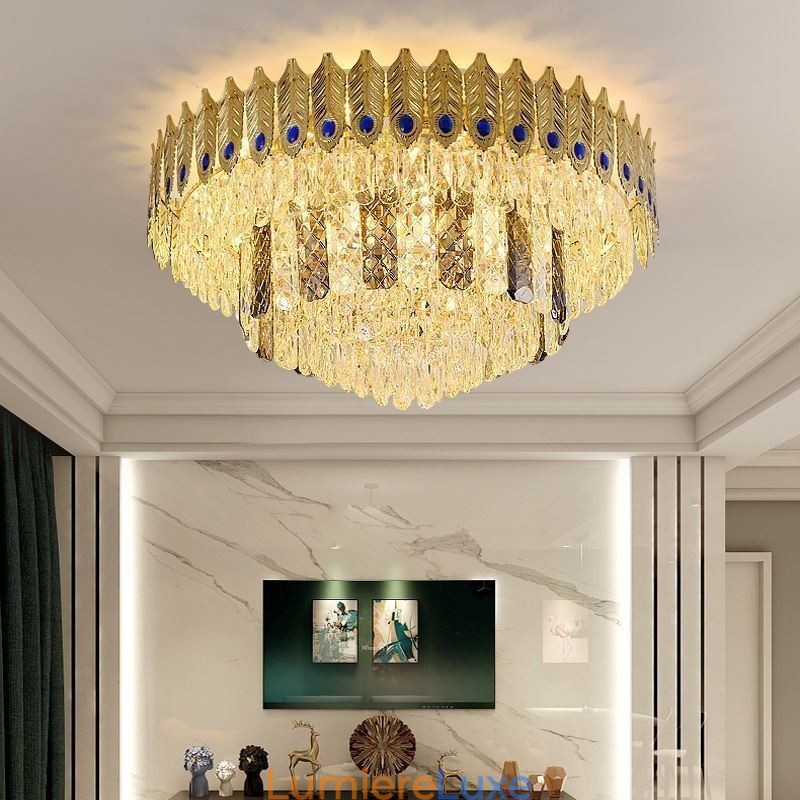 Plafonnier décoratif de luxe en cristal, rond et galvanisé, en forme de queue de phénix, doré