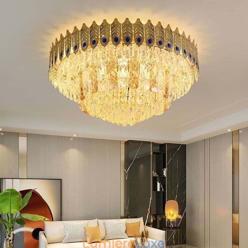 Plafonnier décoratif de luxe en cristal, rond et galvanisé, en forme de queue de phénix, doré