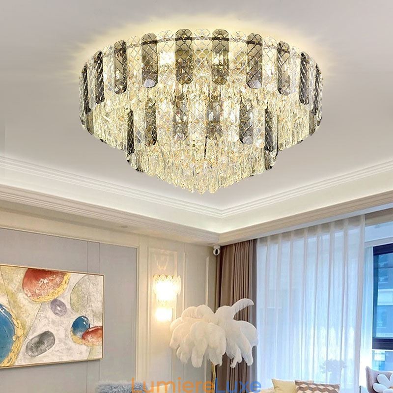 Plafonnier décoratif de luxe rond à double couche en cristal, 80 cm
