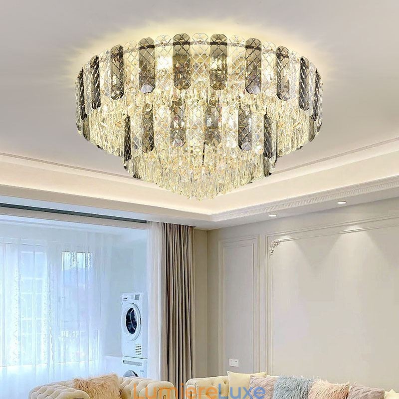 Plafonnier décoratif de luxe rond à double couche en cristal, 80 cm
