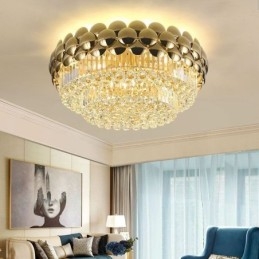 Plafonnier décoratif de luxe rond en cristal plaqué or électrolytique 80 cm