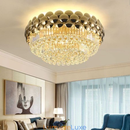 Plafonnier décoratif de luxe rond en cristal plaqué or électrolytique 80 cm Plafonnier décoratif de luxe rond en cristal plaqué or électrolytique 80 cm