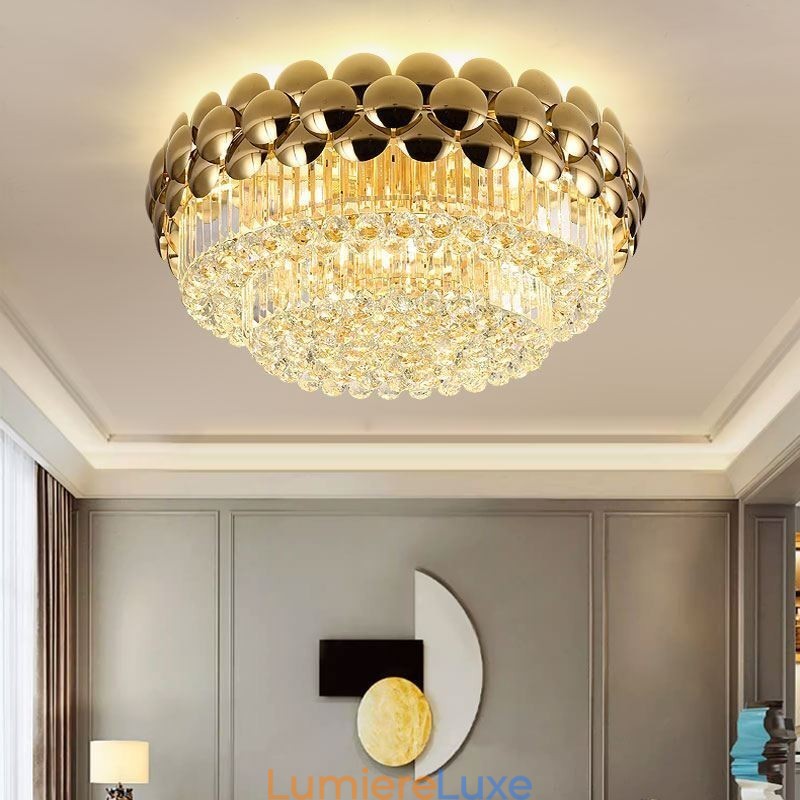 Plafonnier décoratif de luxe rond en cristal plaqué or électrolytique 80 cm