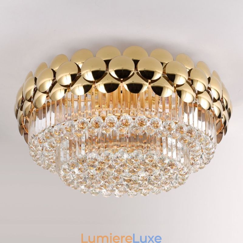 Plafonnier décoratif de luxe rond en cristal plaqué or électrolytique 80 cm