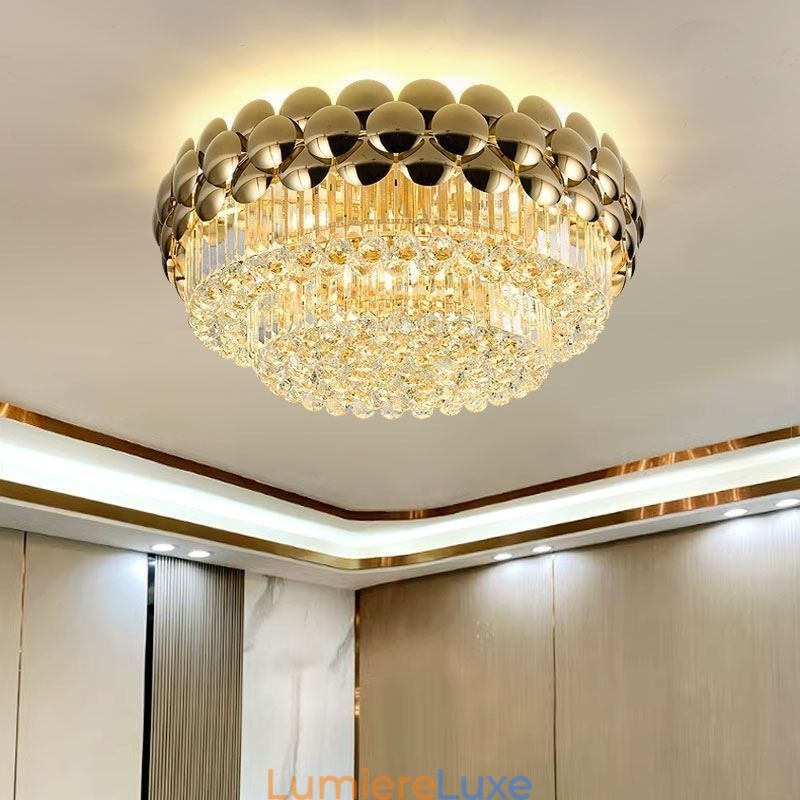 Plafonnier décoratif de luxe rond en cristal plaqué or électrolytique 80 cm