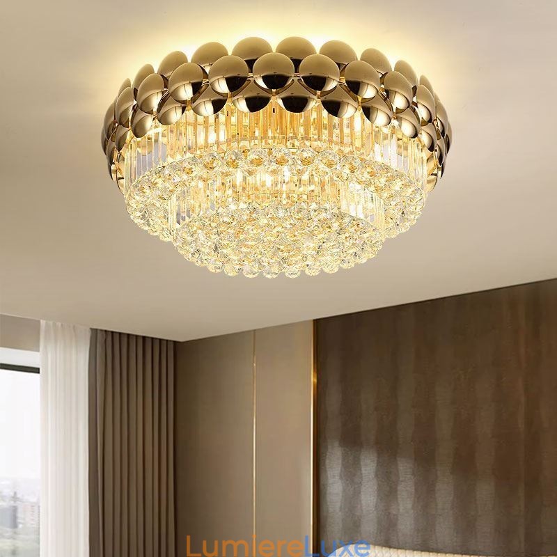 Plafonnier décoratif de luxe rond en cristal plaqué or électrolytique 80 cm