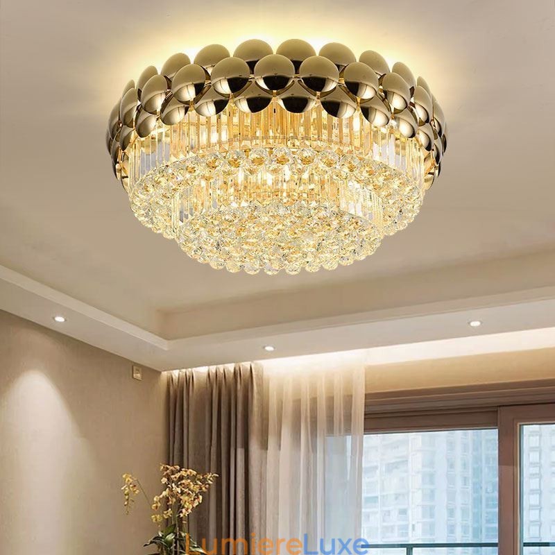 Plafonnier décoratif de luxe rond en cristal plaqué or électrolytique 80 cm