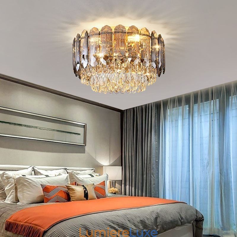Plafonnier décoratif rond en cristal gris fumé à montage encastré