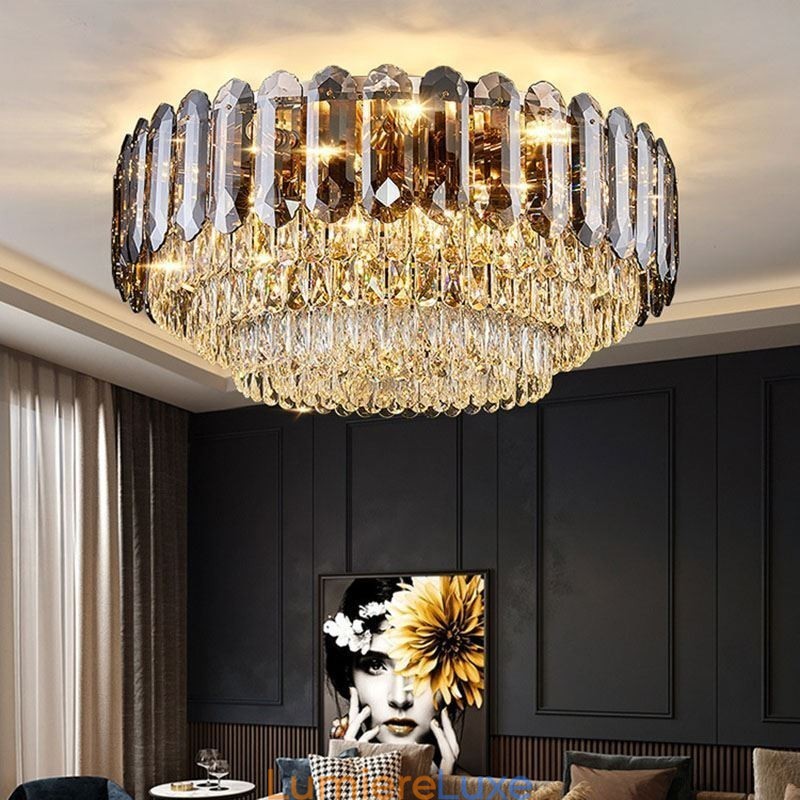Plafonnier décoratif rond en cristal gris fumé à montage encastré