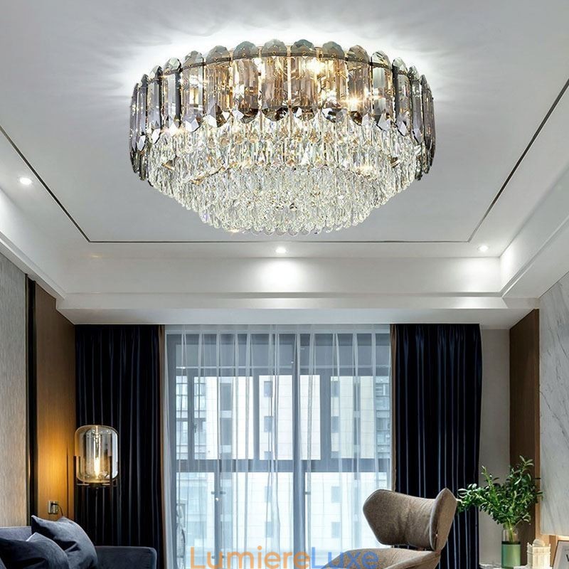 Plafonnier décoratif rond en cristal gris fumé à montage encastré