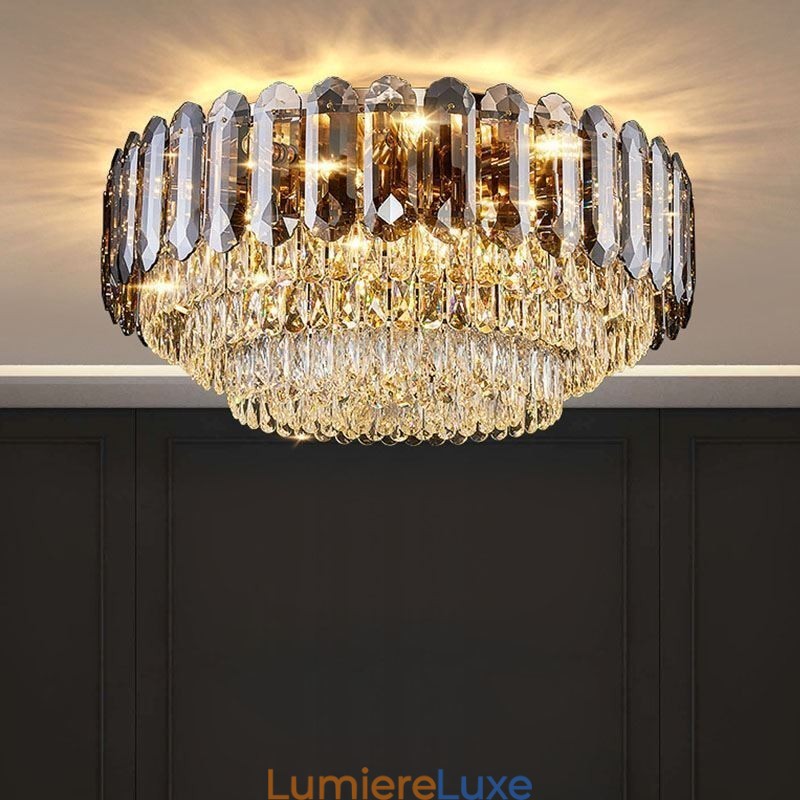 Plafonnier décoratif rond en cristal gris fumé à montage encastré