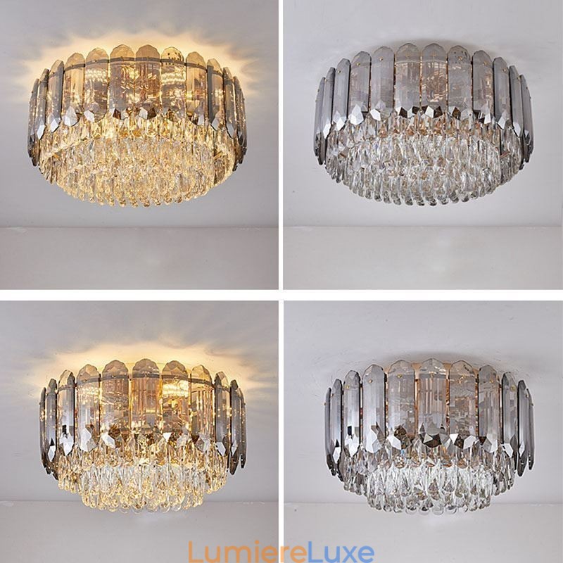 Plafonnier décoratif rond en cristal gris fumé à montage encastré
