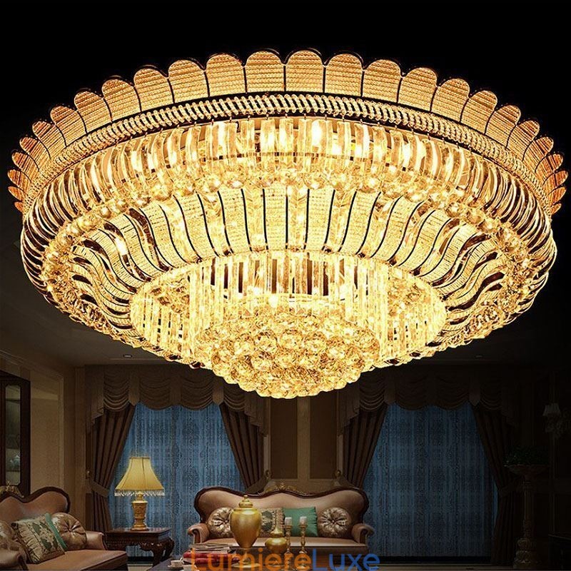 Plafonnier rond en cristal de luxe, montage encastré doré