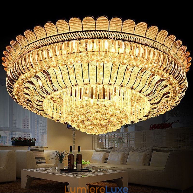 Plafonnier rond en cristal de luxe, montage encastré doré