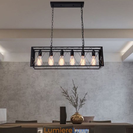 Suspension rectangulaire rustique à 6 lumières de style ferme Suspension rectangulaire rustique à 6 lumières de style ferme