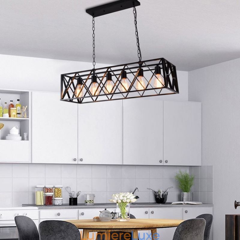 Suspension rectangulaire rustique à 6 lumières de style ferme