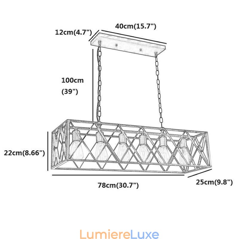 Suspension rectangulaire rustique à 6 lumières de style ferme