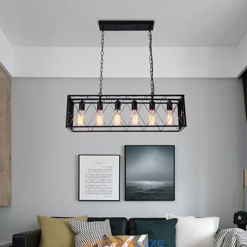 Suspension rectangulaire rustique à 6 lumières de style ferme