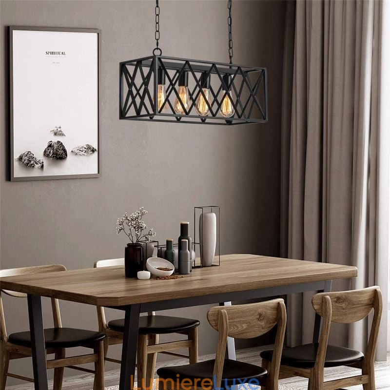 Suspension rectangulaire rustique à 4 lumières de style ferme