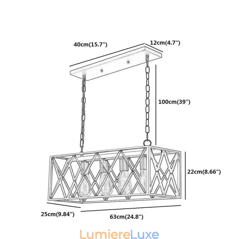 Suspension rectangulaire rustique à 4 lumières de style ferme
