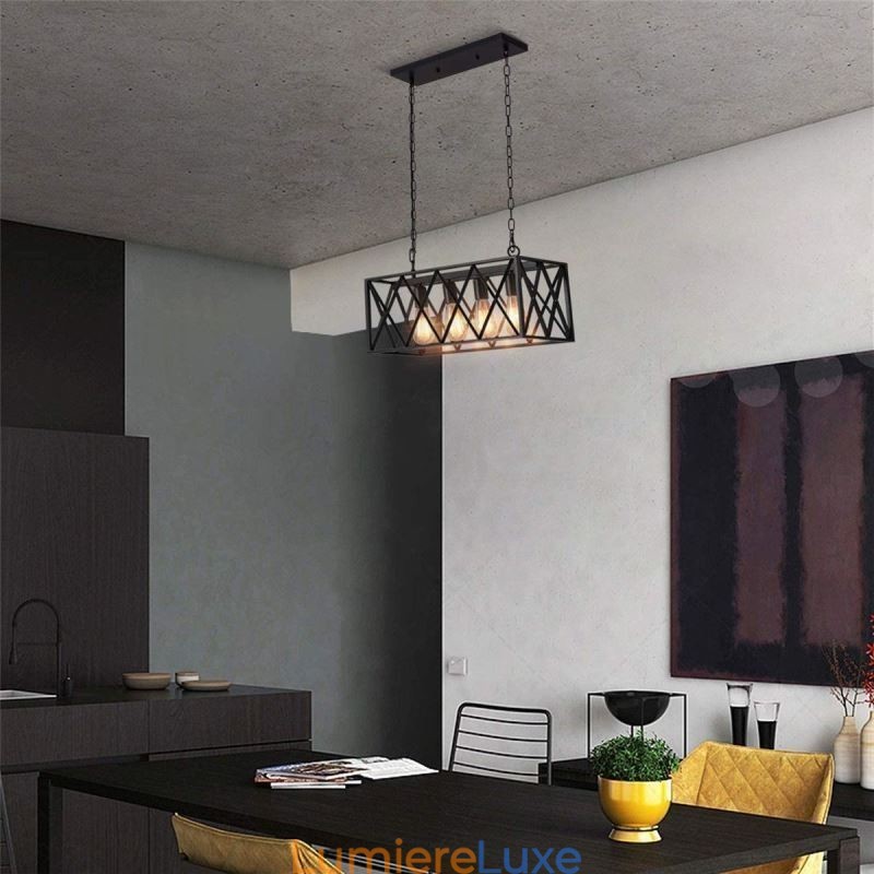 Suspension rectangulaire rustique à 4 lumières de style ferme