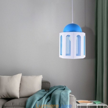 Suspension moderne en forme de château, couleur bleu et blanc Suspension moderne en forme de château, couleur bleu et blanc