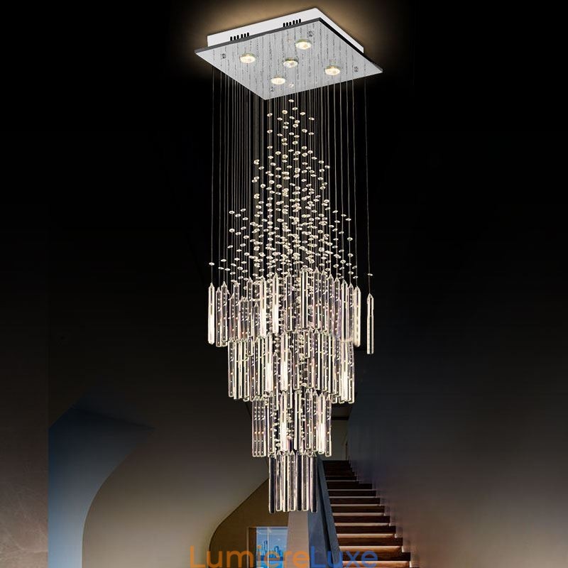Lustre carré moderne en cristal, plafonnier contemporain élégant pour escalier duplex