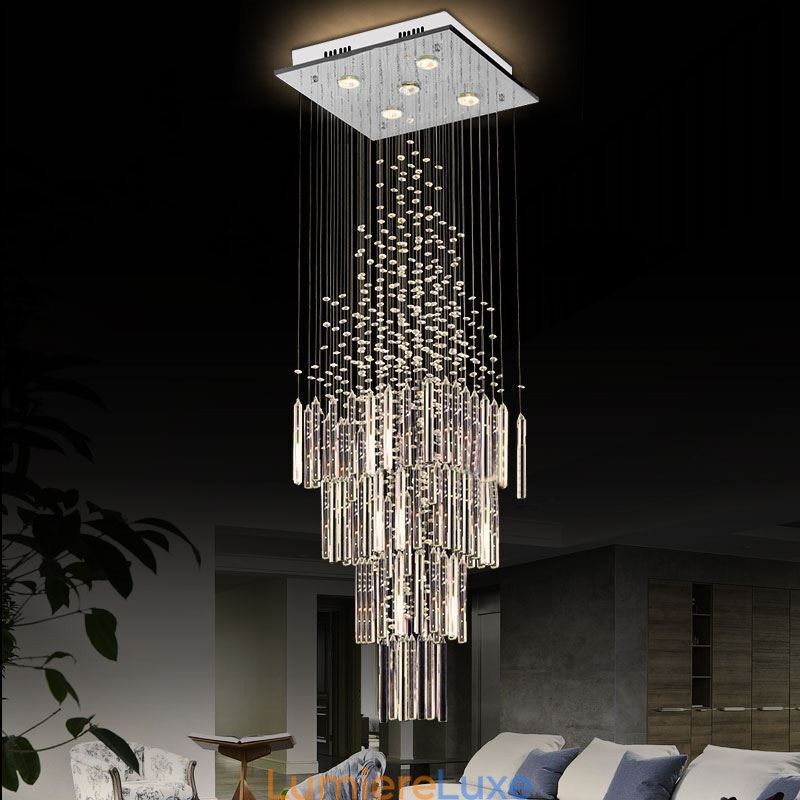 Lustre carré moderne en cristal, plafonnier contemporain élégant pour escalier duplex