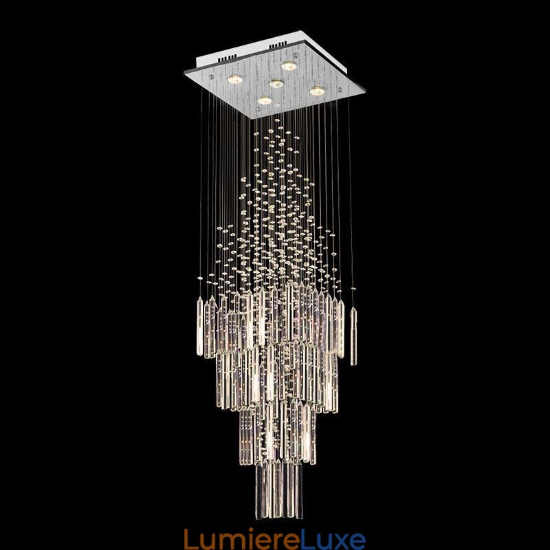 Lustre carré moderne en cristal, plafonnier contemporain élégant pour escalier duplex
