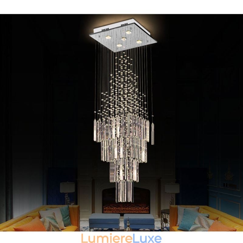 Lustre carré moderne en cristal, plafonnier contemporain élégant pour escalier duplex