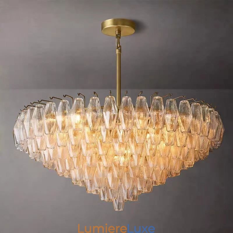 Suspension américaine en verre ambré transparent 90 cm 14 lumières