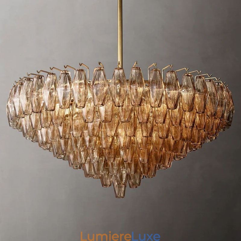 Suspension américaine en verre ambré transparent 90 cm 14 lumières