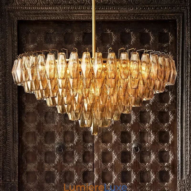 Suspension américaine en verre ambré transparent 90 cm 14 lumières