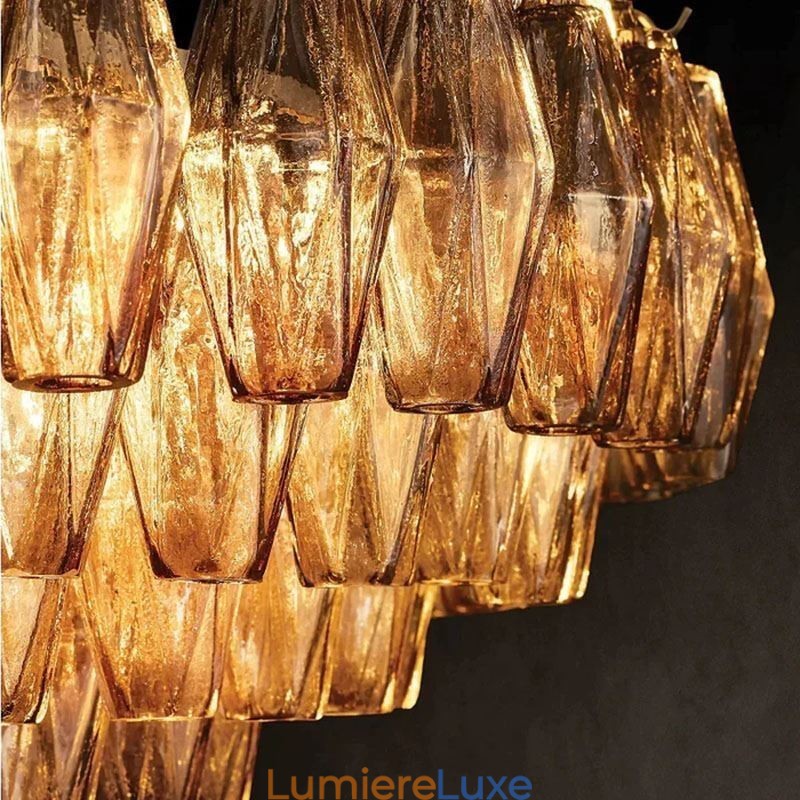 Suspension américaine en verre ambré transparent 90 cm 14 lumières