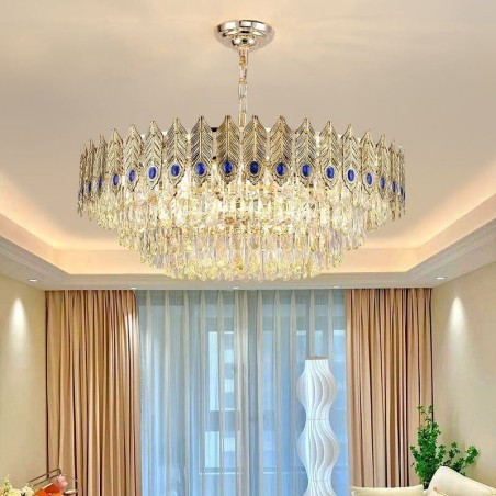 Suspension en cristal à plumes dorées, plafonnier décoratif duplex Suspension en cristal à plumes dorées, plafonnier décoratif duplex