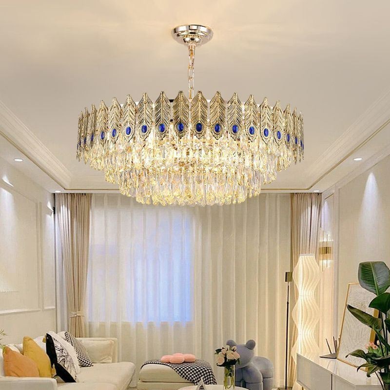 Suspension en cristal à plumes dorées, plafonnier décoratif duplex