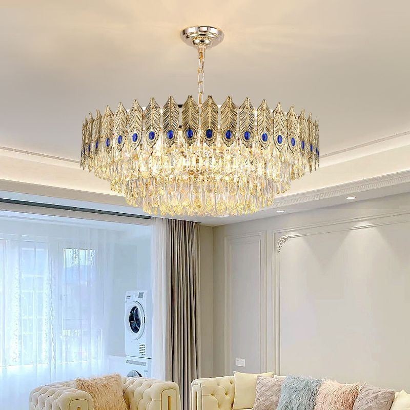 Suspension en cristal à plumes dorées, plafonnier décoratif duplex