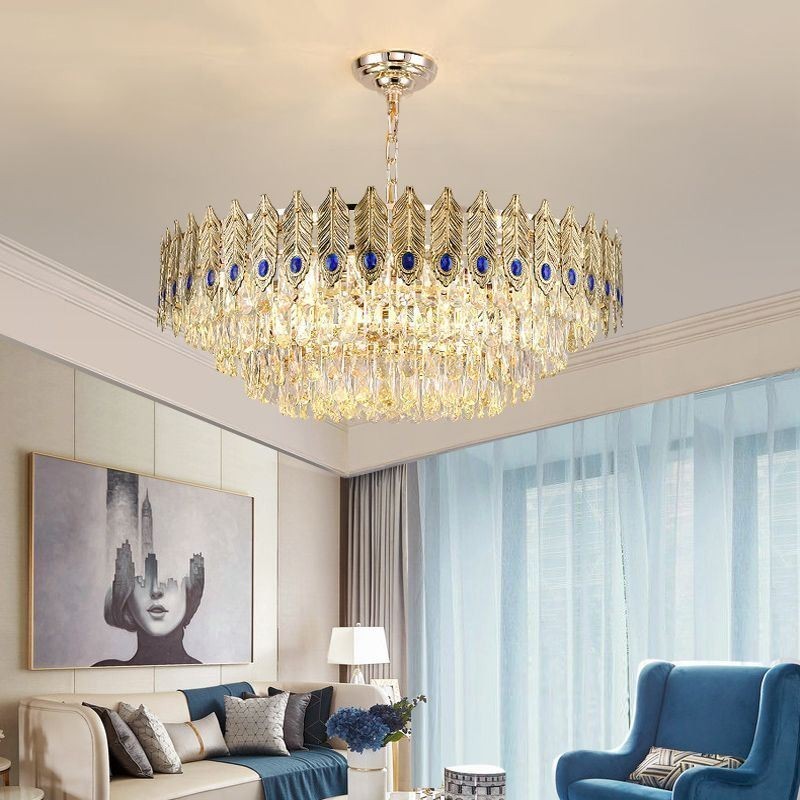 Suspension en cristal à plumes dorées, plafonnier décoratif duplex