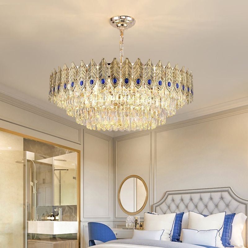 Suspension en cristal à plumes dorées, plafonnier décoratif duplex