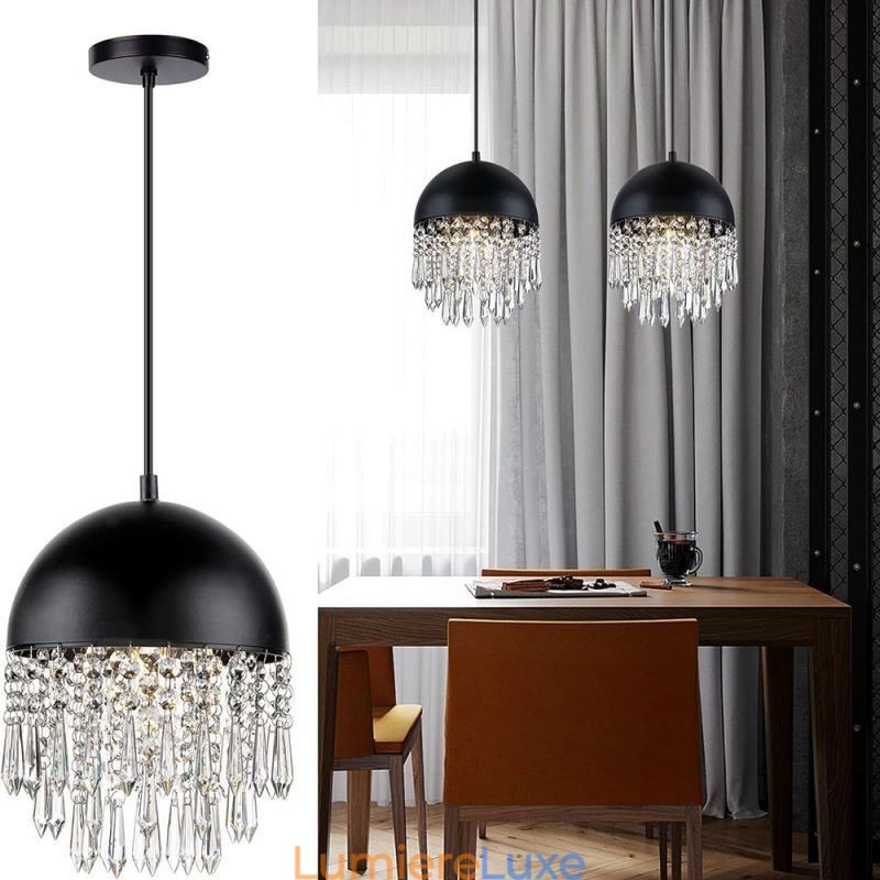 Suspension en cristal avec abat-jour noir et couvercle de pot