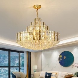 Suspension en cristal au 4e étage, plafonnier décoratif de luxe avec feuille de fer creuse dorée