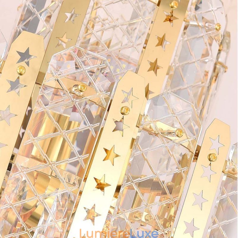 Suspension en cristal au 4e étage, plafonnier décoratif de luxe avec feuille de fer creuse dorée
